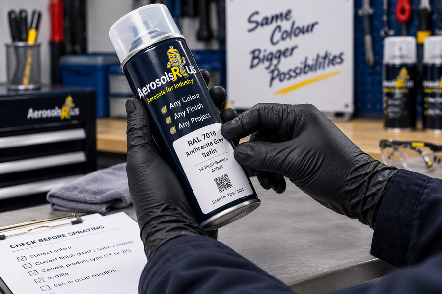 Gloved hands checking the aerosol colour, finish and product type before spraying