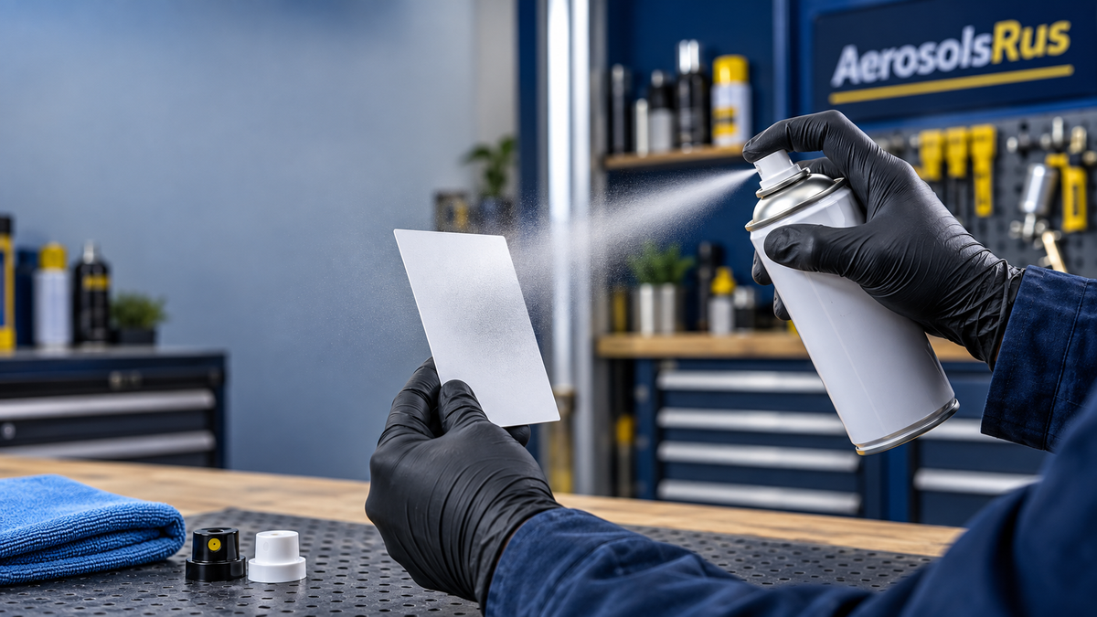 Gloved technician safely testing an aerosol spray pattern on a clean card